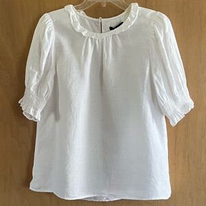 J.Crew White 100% Linen Ruffle Neckline Puffy Short Sleeve Pullover Top
